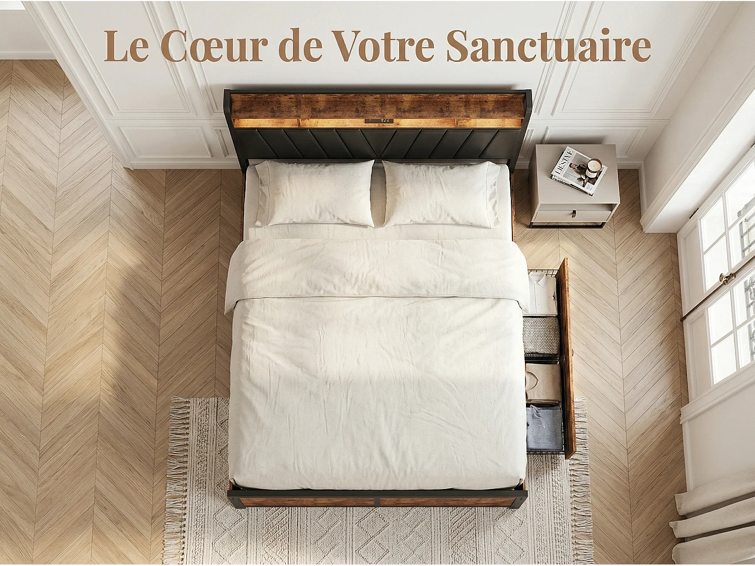 Lit 180x200 cm LED RGB avec USB, 4 Tiroirs, Rangement, Métal et Bois
