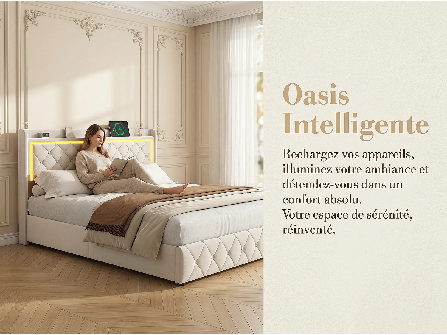 Lit 140x190 cm avec coffre et rangement, LED, USB et Type-C, lit capitonné velours, sommier inclus