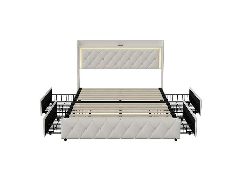 Lit coffre capitonné 140 x 190 cm - avec espace de rangement - LED, ports USB et Type-C -  velours