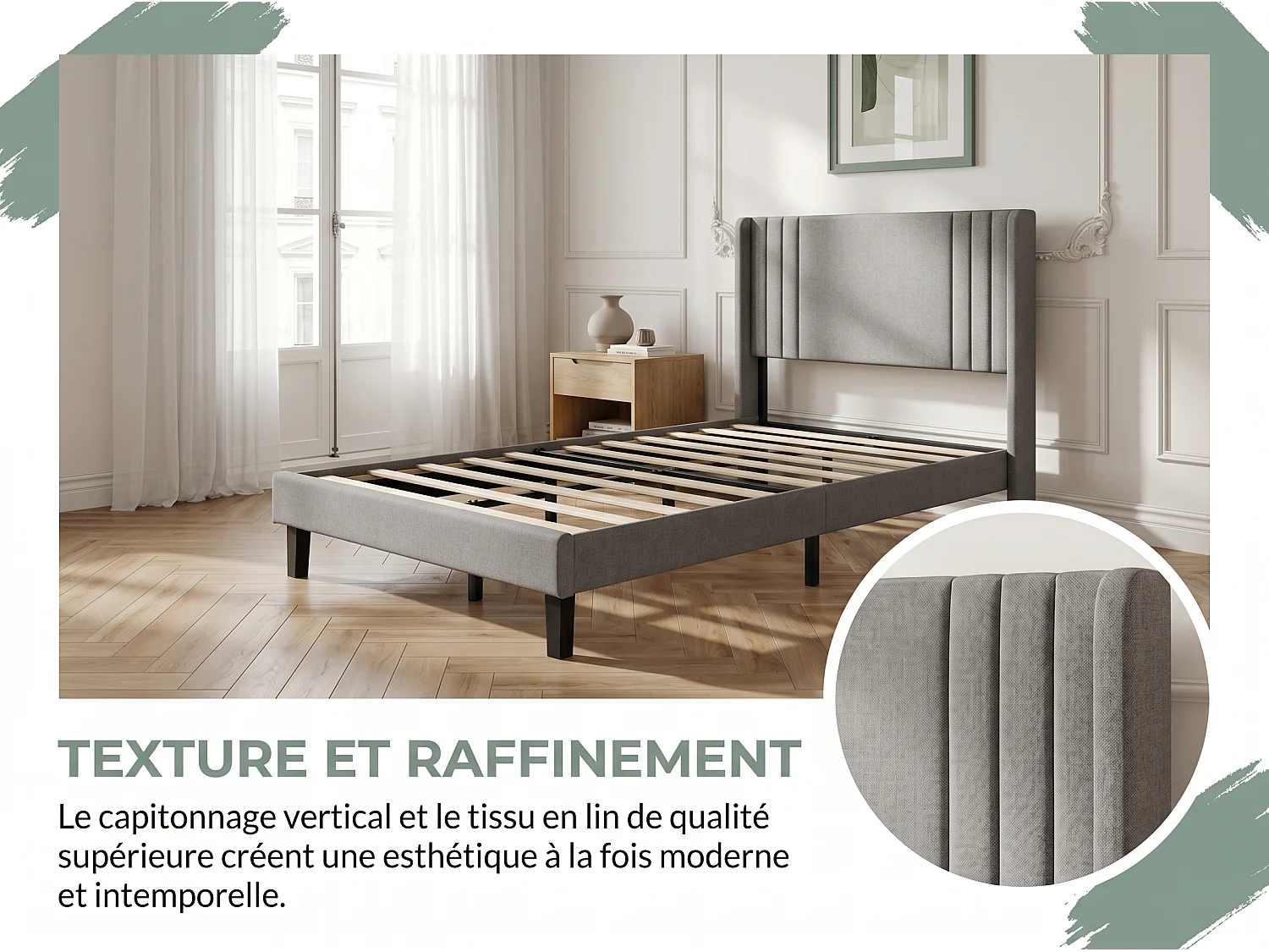 Lit double capitonné - revêtement tissu effet lin gris - structure robuste - design moderne - sans rangement