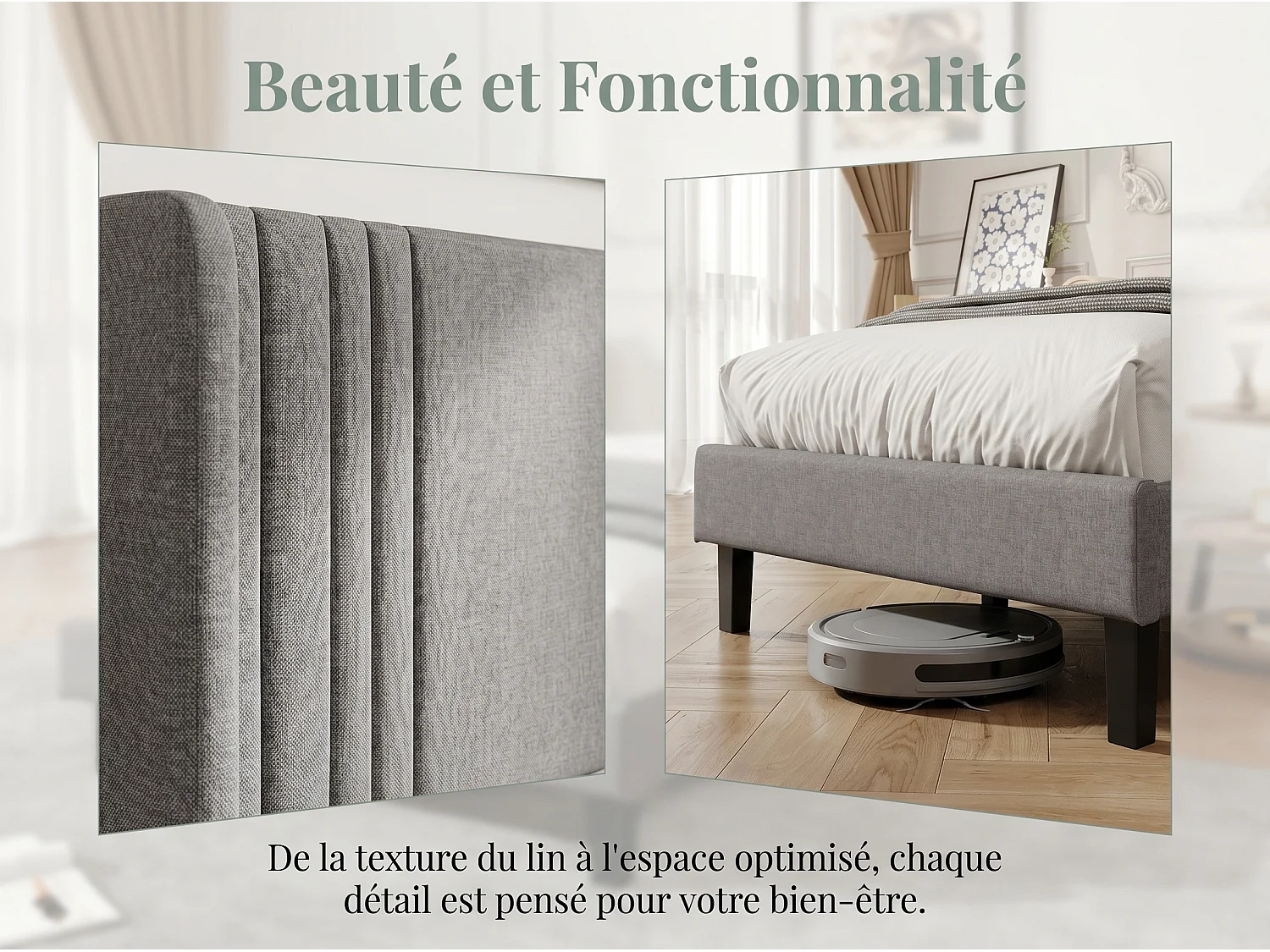 Lit double capitonné - revêtement tissu effet lin gris - structure robuste - design moderne - sans rangement