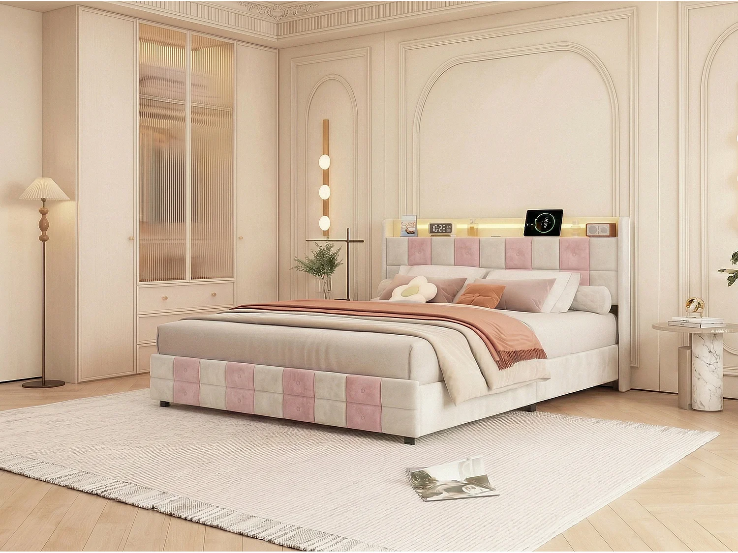 Lit 140x190 avec tiroirs, lit LED avec USB, lit double en velours, sommier à lattes, tête de lit capitonnée