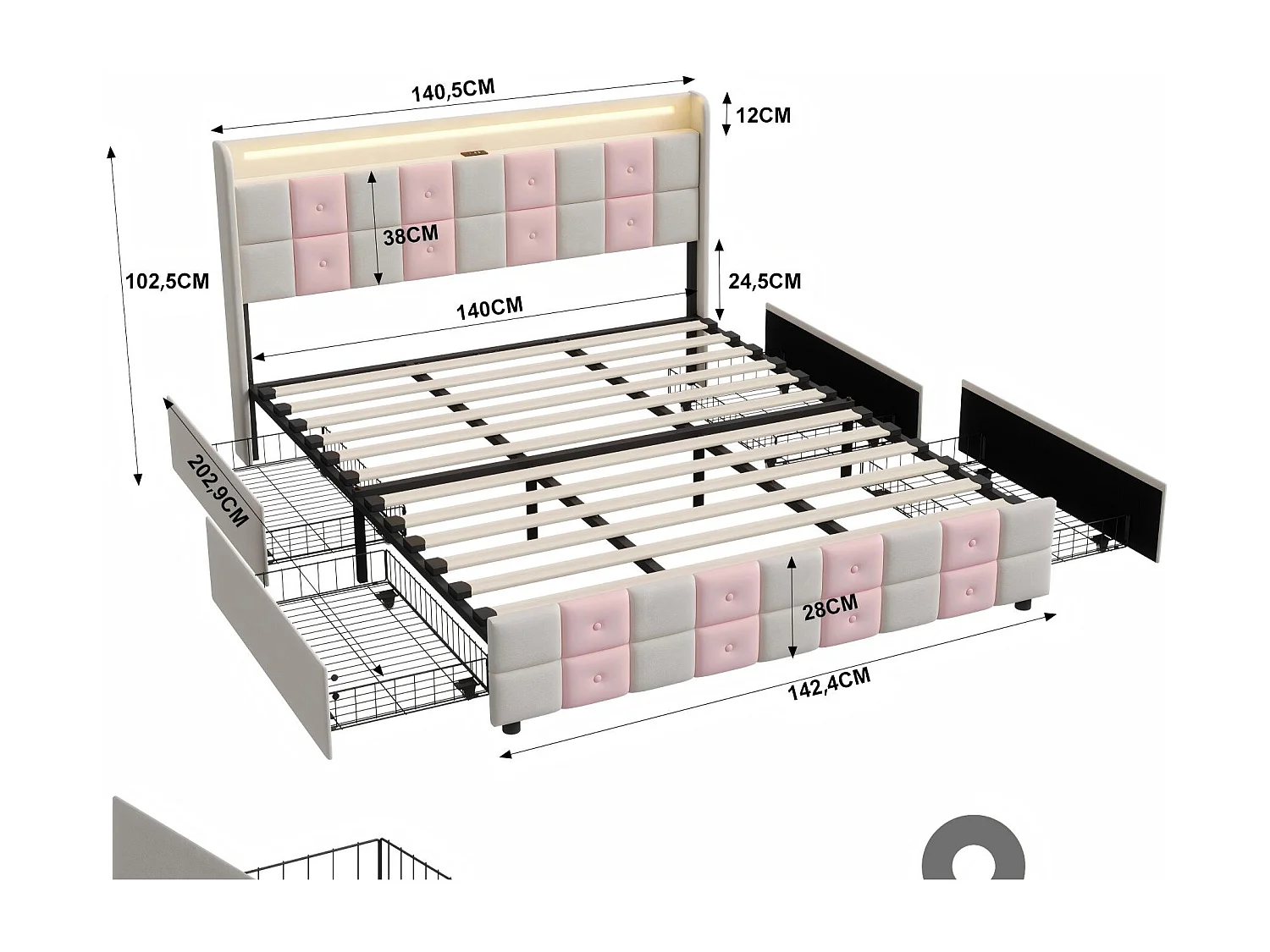 Lit 140x190 avec tiroirs, lit LED avec USB, lit double en velours, sommier à lattes, tête de lit capitonnée