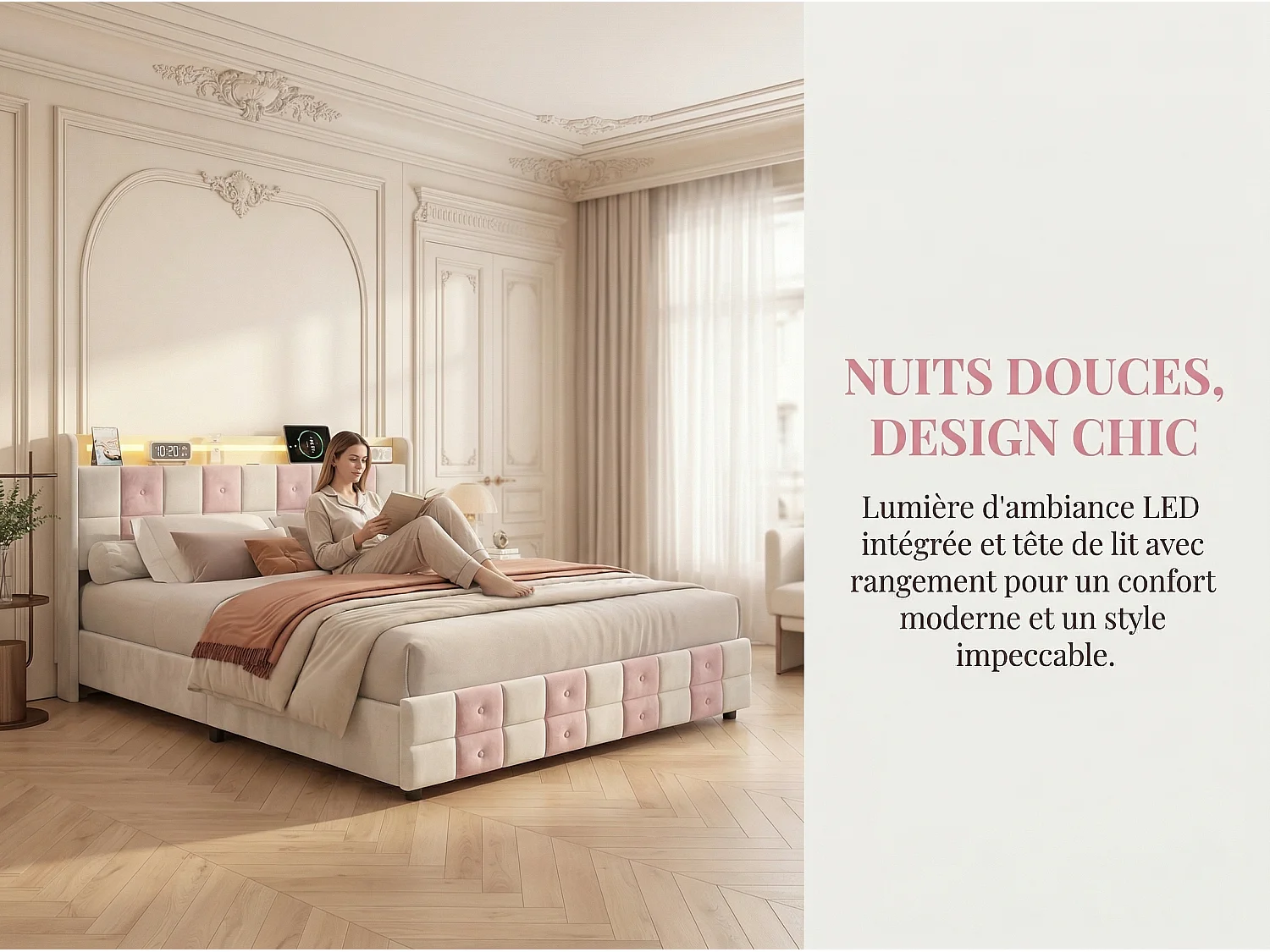 Lit 140x190 avec tiroirs, lit LED avec USB, lit double en velours, sommier à lattes, tête de lit capitonnée