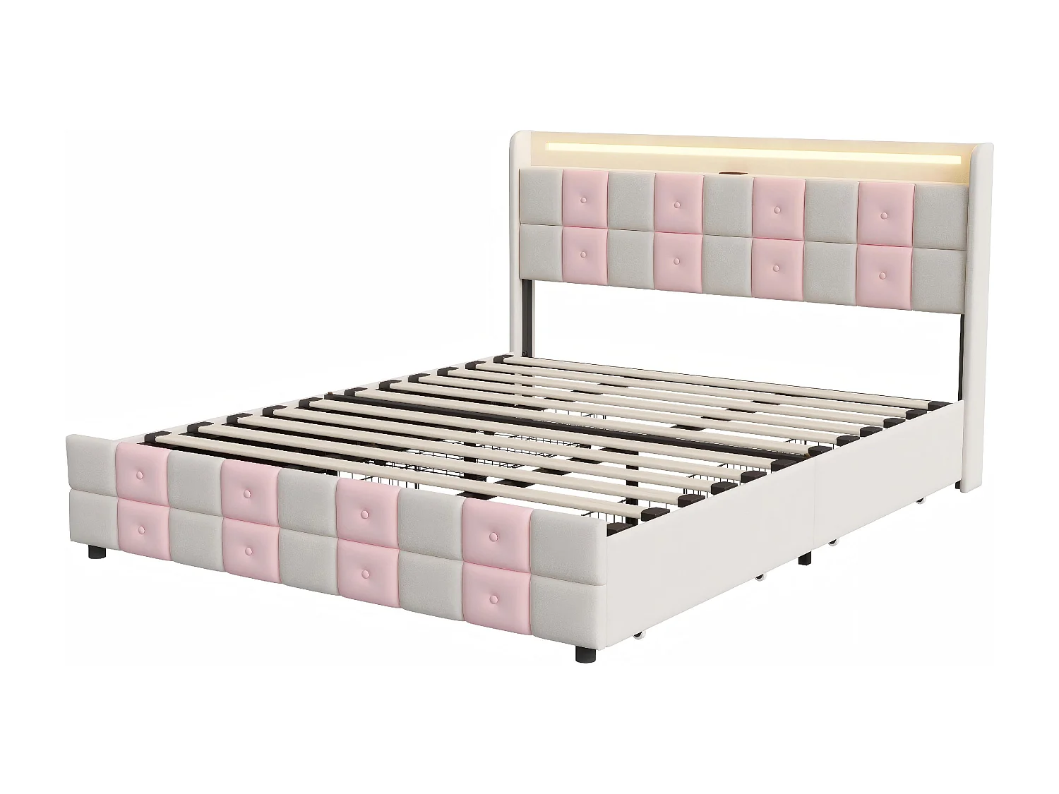 Lit 140x190 avec tiroirs, lit LED avec USB, lit double en velours, sommier à lattes, tête de lit capitonnée