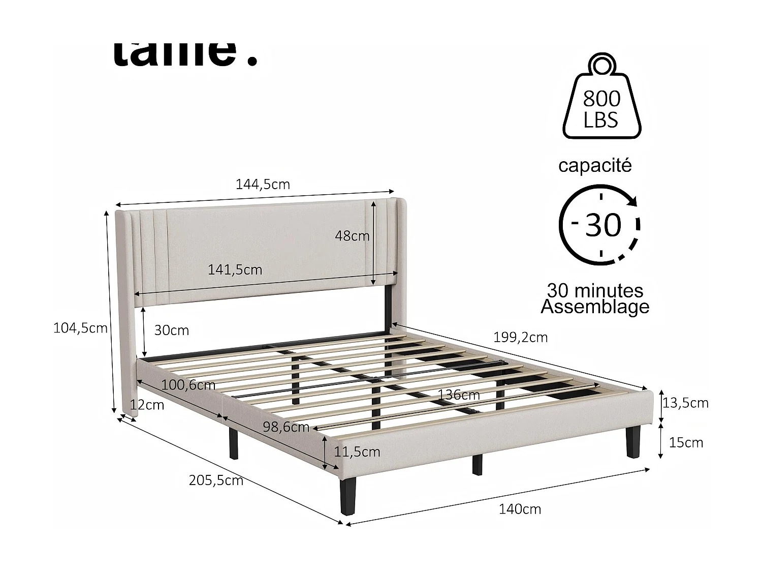Lit rembourré avec tête de lit capitonnée, lit double tissu beige, design moderne, cadre stable sans coffre