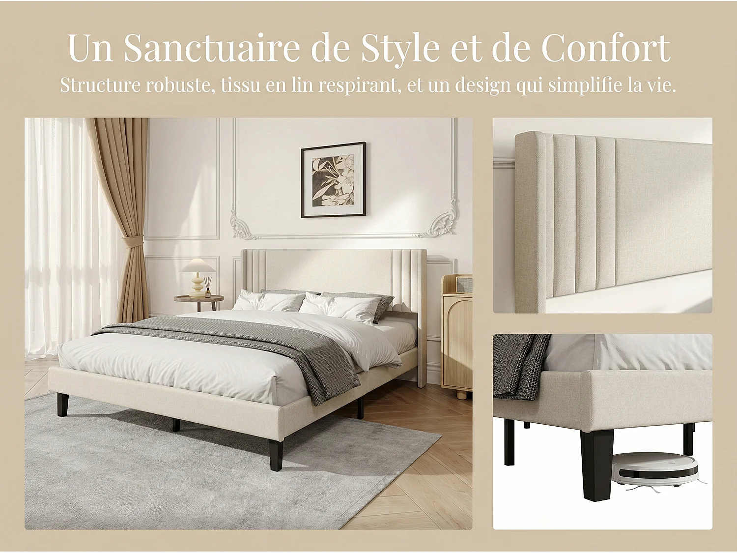Lit rembourré avec tête de lit capitonnée, lit double tissu beige, design moderne, cadre stable sans coffre
