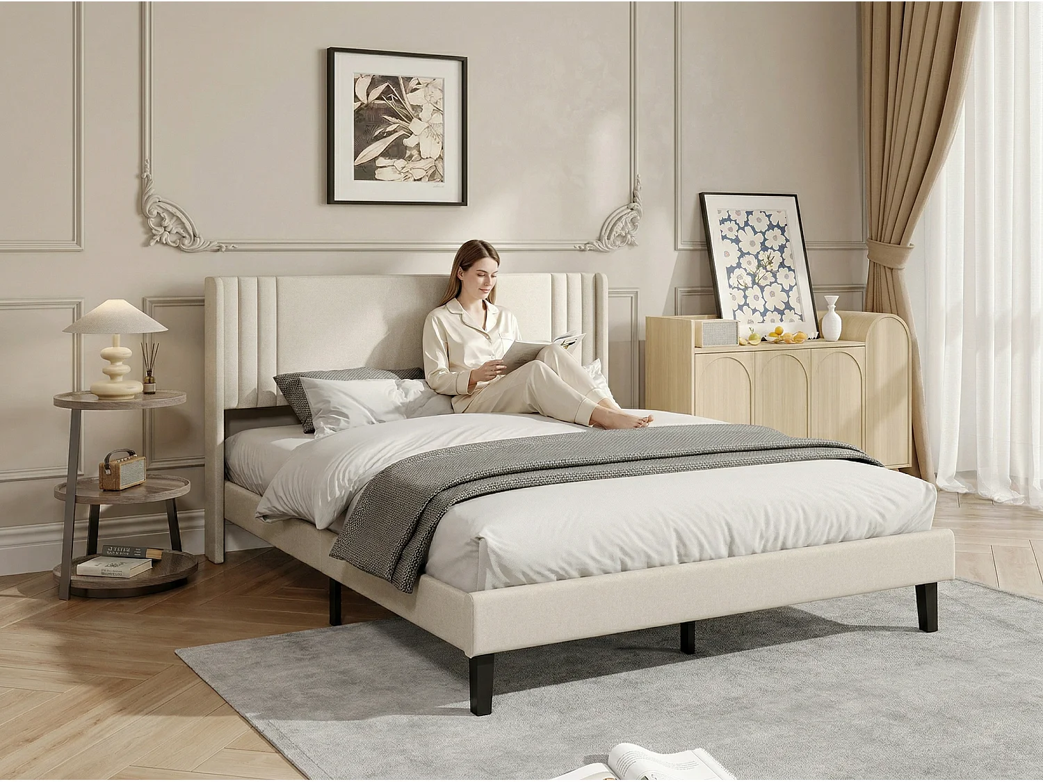 Lit rembourré avec tête de lit capitonnée, lit double tissu beige, design moderne, cadre stable sans coffre