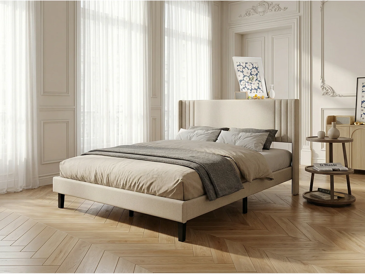 Lit rembourré avec tête de lit capitonnée, lit double tissu beige, design moderne, cadre stable sans coffre