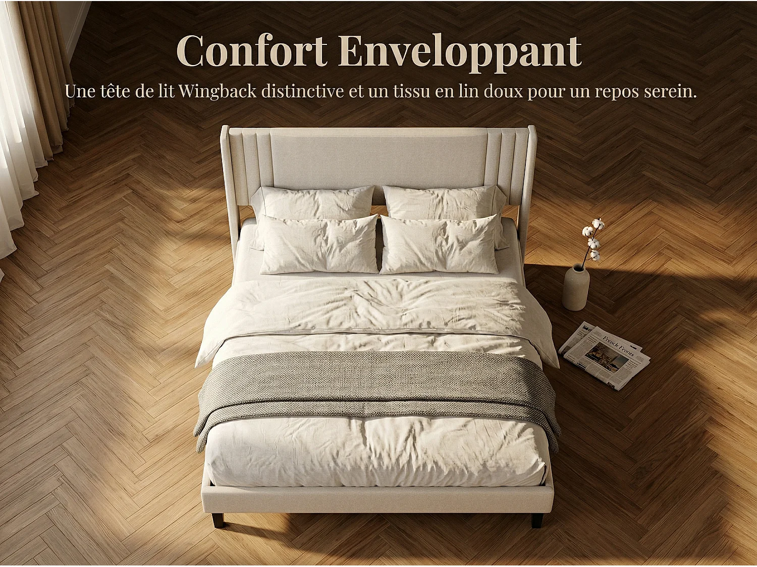 Lit rembourré avec tête de lit capitonnée, lit double tissu beige, design moderne, cadre stable sans coffre