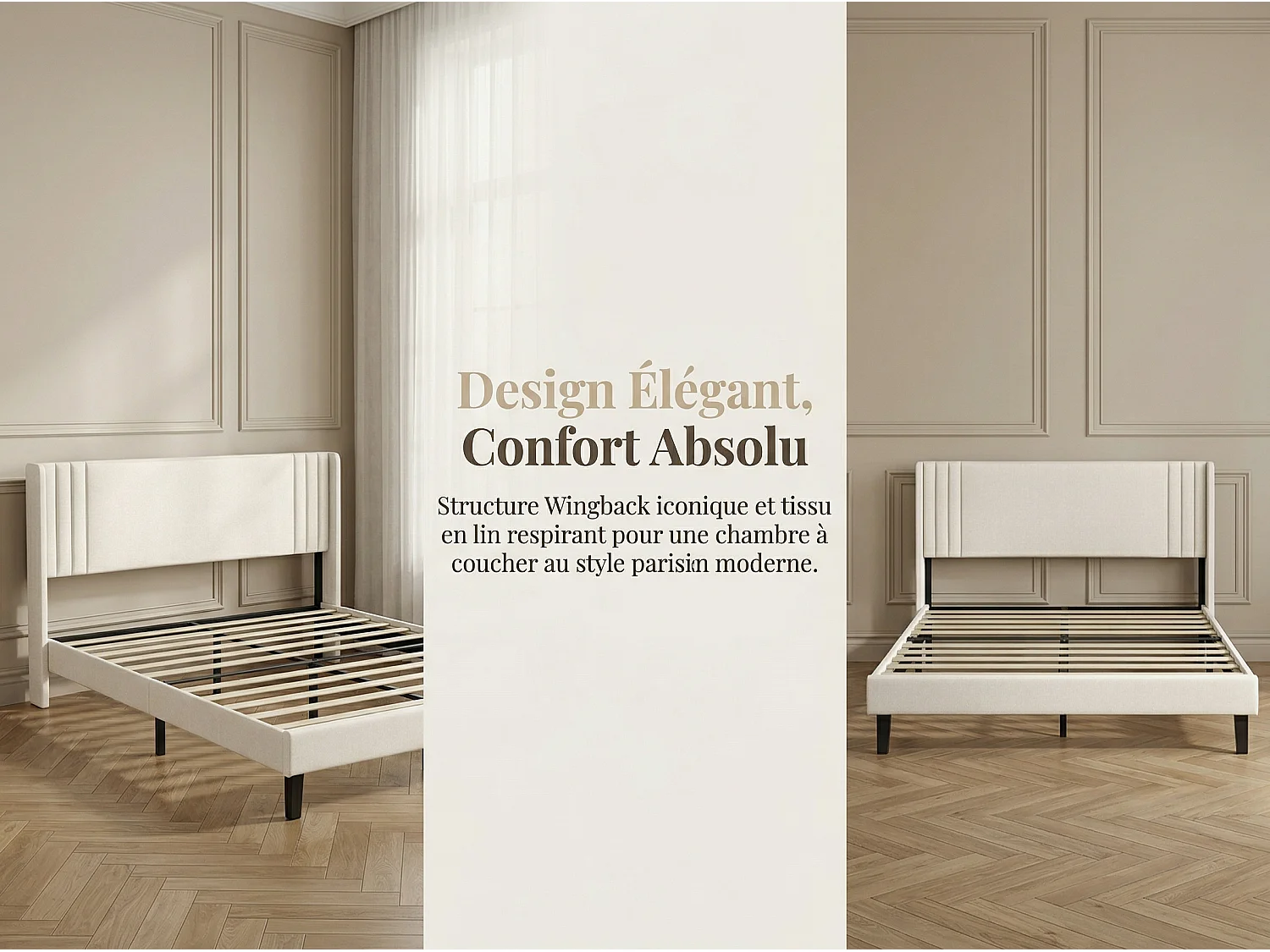 Lit rembourré avec tête de lit capitonnée, lit double tissu beige, design moderne, cadre stable sans coffre