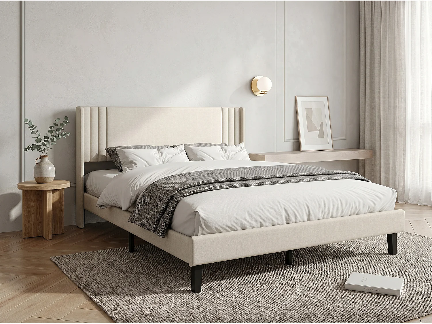 Lit rembourré avec tête de lit capitonnée, lit double tissu beige, design moderne, cadre stable sans coffre