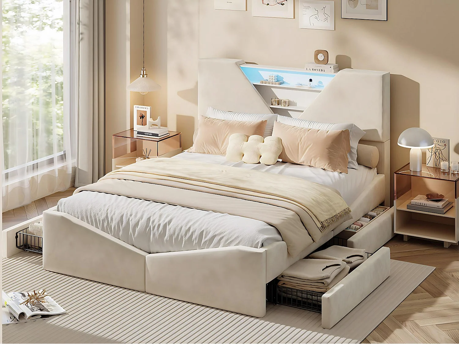 Lit double, 140x190 , avec espace de rangement, tête de lit triangulaire à LED, tiroirs latéraux, tissu beige.