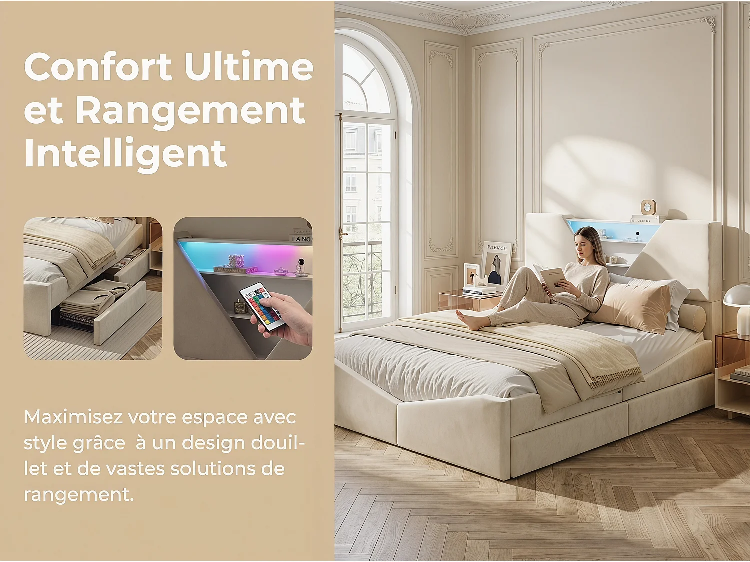 Lit coffre rembourré  140x190cm - avec tête de lit LED - Tête de lit triangulaire LED - Sommier à lattes en bois - Tissu Beige