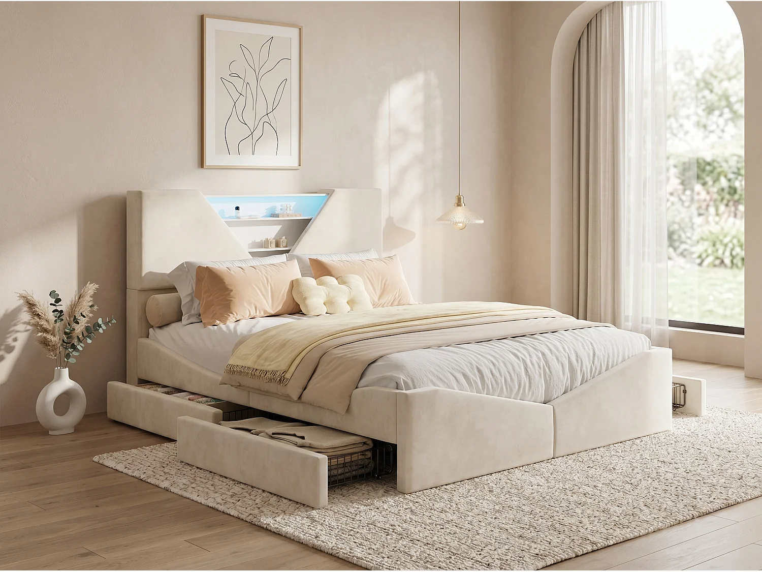 Lit coffre rembourré  140x190cm - avec tête de lit LED - Tête de lit triangulaire LED - Sommier à lattes en bois - Tissu Beige