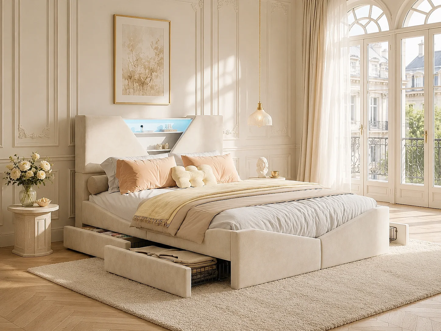Lit coffre rembourré  140x190cm - avec tête de lit LED - Tête de lit triangulaire LED - Sommier à lattes en bois - Tissu Beige
