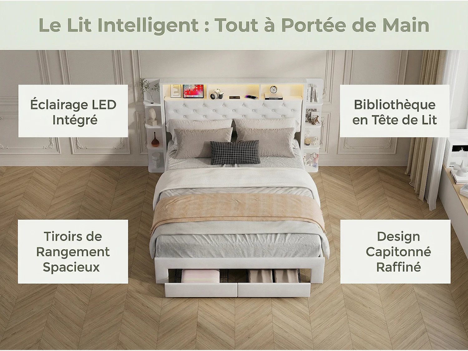 Lit 140x200 cm - Tiroirs de rangement et LED - USB - Lit rembourré velours - Tête de lit avec rangement ouvert