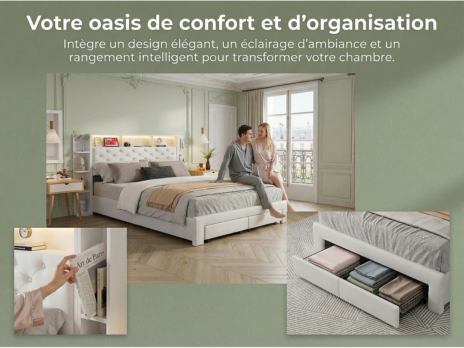 Lit 140x200 cm - Tiroirs de rangement et LED - USB - Lit rembourré velours - Tête de lit avec rangement ouvert