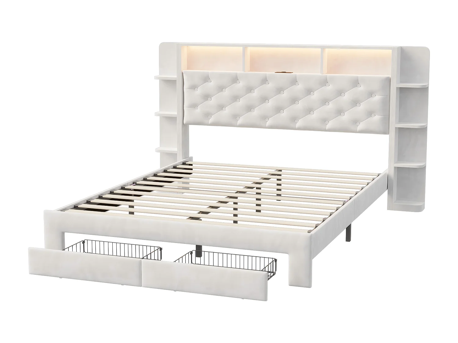Lit 140x200 cm - Tiroirs de rangement et LED - USB - Lit rembourré velours - Tête de lit avec rangement ouvert