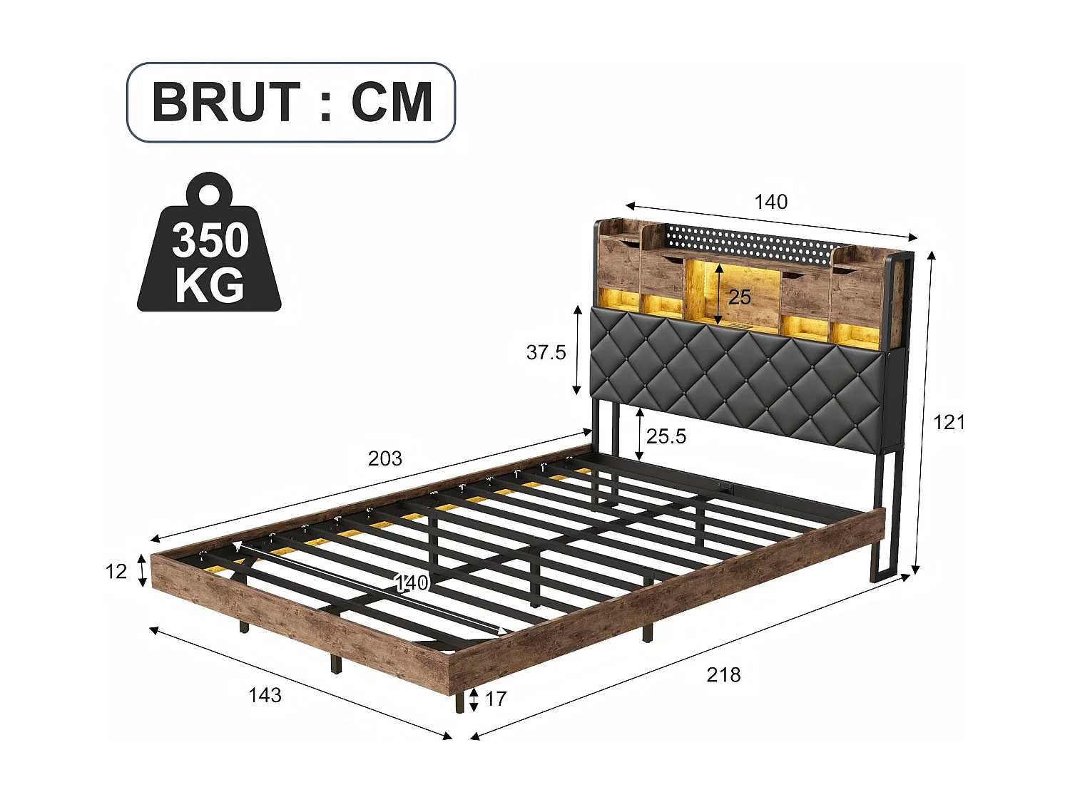 Lit 140x200 cm - LED intégrée et rangement - Tête de lit avec étagères - Style industriel bois et métal