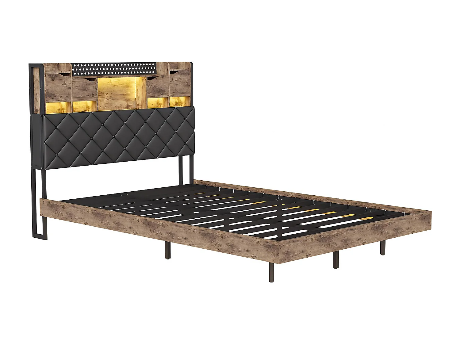 Lit 140x200 cm - LED intégrée et rangement - Tête de lit avec étagères - Style industriel bois et métal
