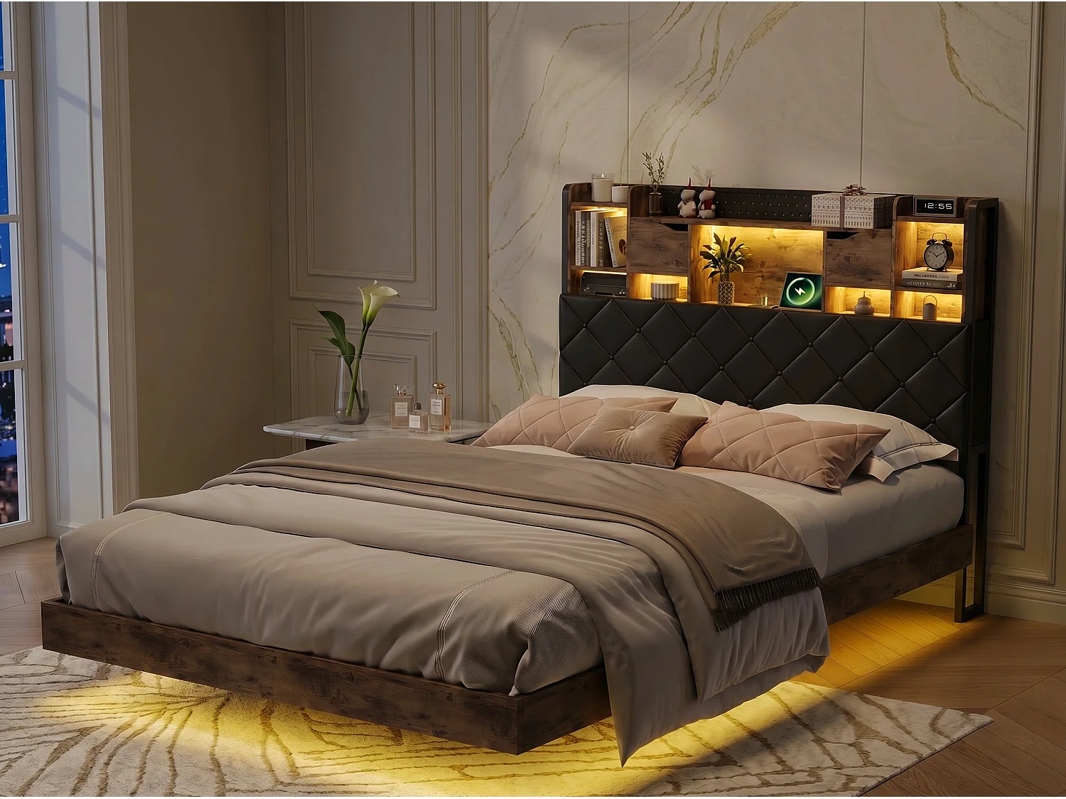 Lit 140x200 cm - LED intégrée et rangement - Tête de lit avec étagères - Style industriel bois et métal