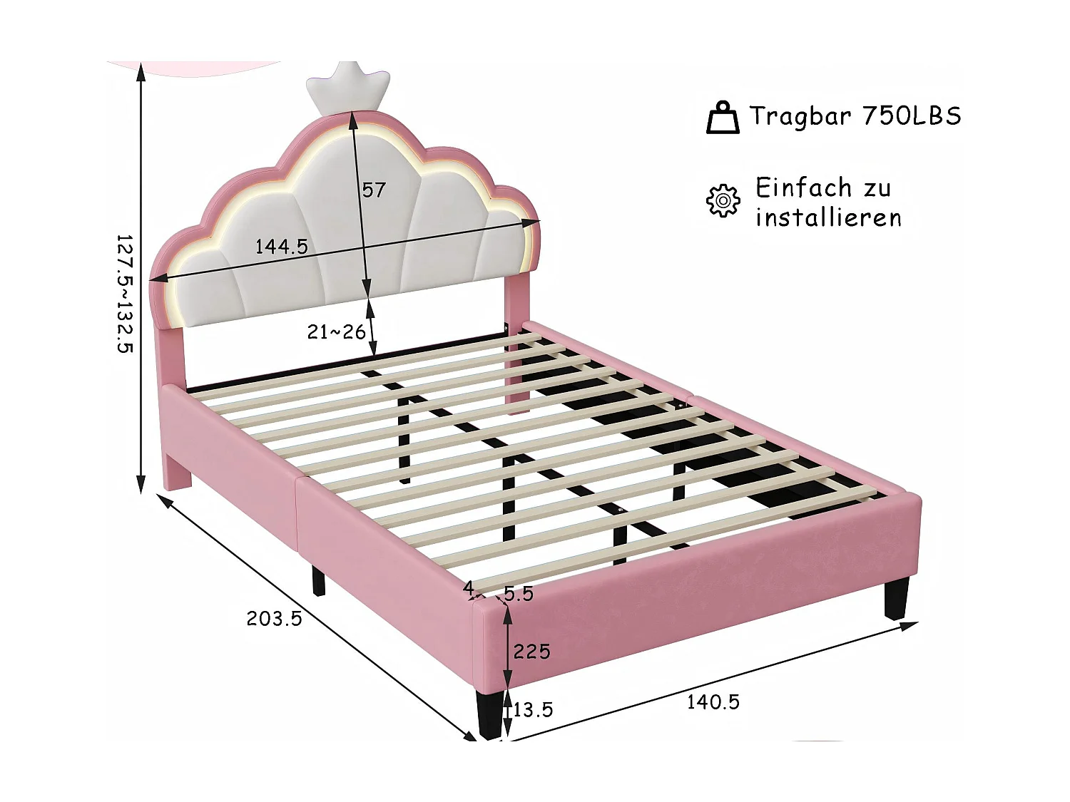 Lit enfant 140x200 rose avec LED, lit rembourré velours, tête de lit étoile, sommier à lattes
