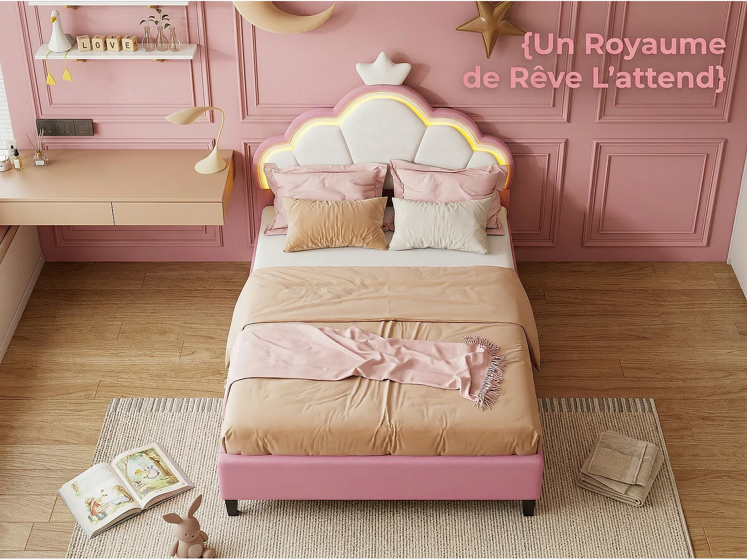 Lit enfant 140x200 rose avec LED, lit rembourré velours, tête de lit étoile, sommier à lattes