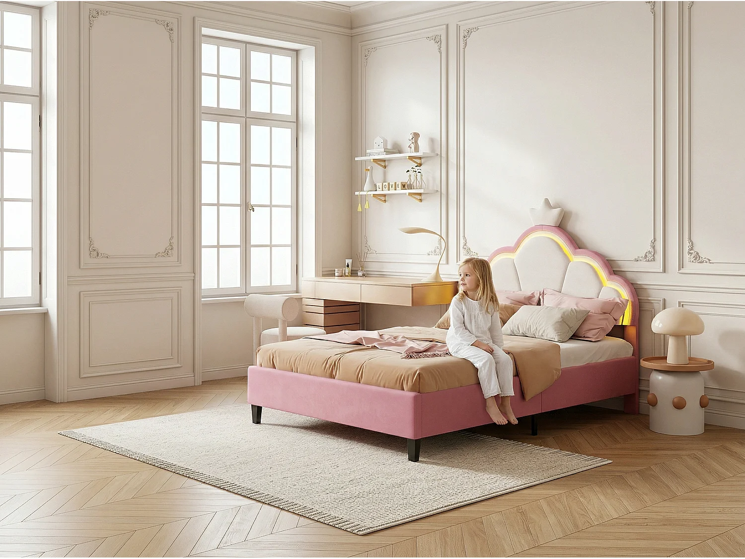 Lit enfant 140x200 rose avec LED, lit rembourré velours, tête de lit étoile, sommier à lattes