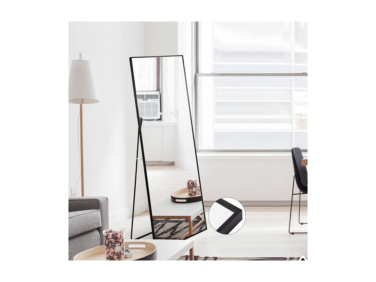 Miroir sur pied arche noir 150 x 40 cm, grand miroir plein pied, miroir mural ou à poser, cadre en alliage d’aluminium, verre antidéflagrant