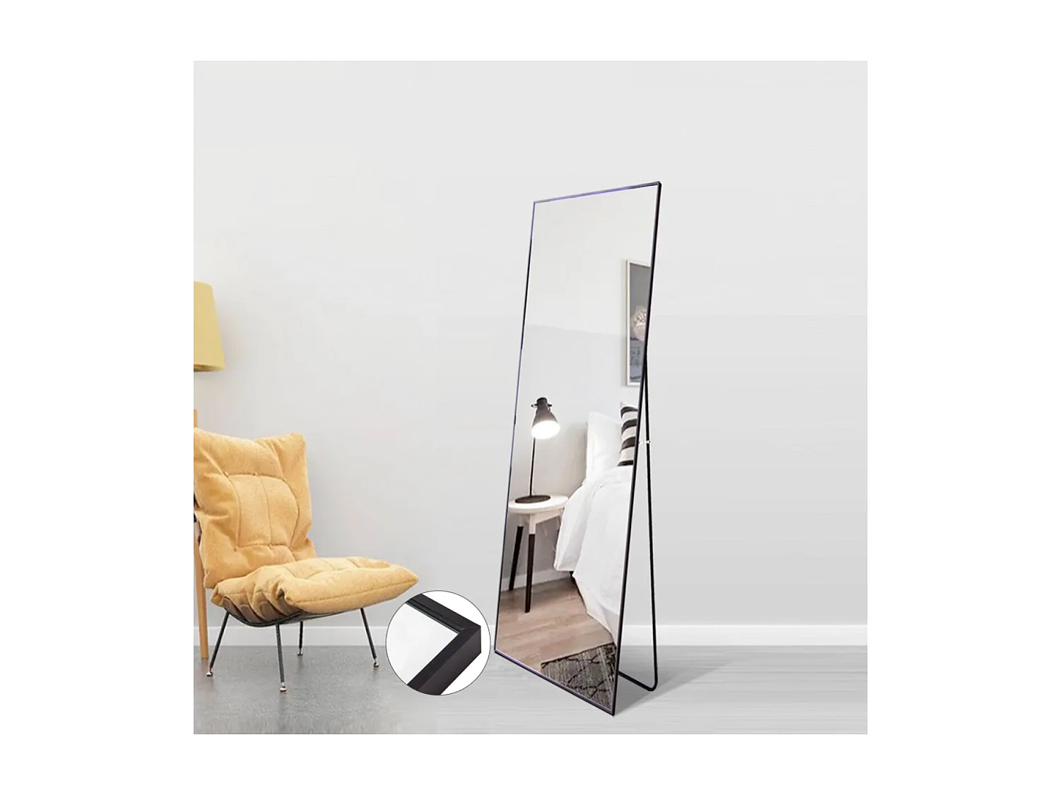 Miroir sur pied arche noir 150 x 40 cm, grand miroir plein pied, miroir mural ou à poser, cadre en alliage d’aluminium, verre antidéflagrant