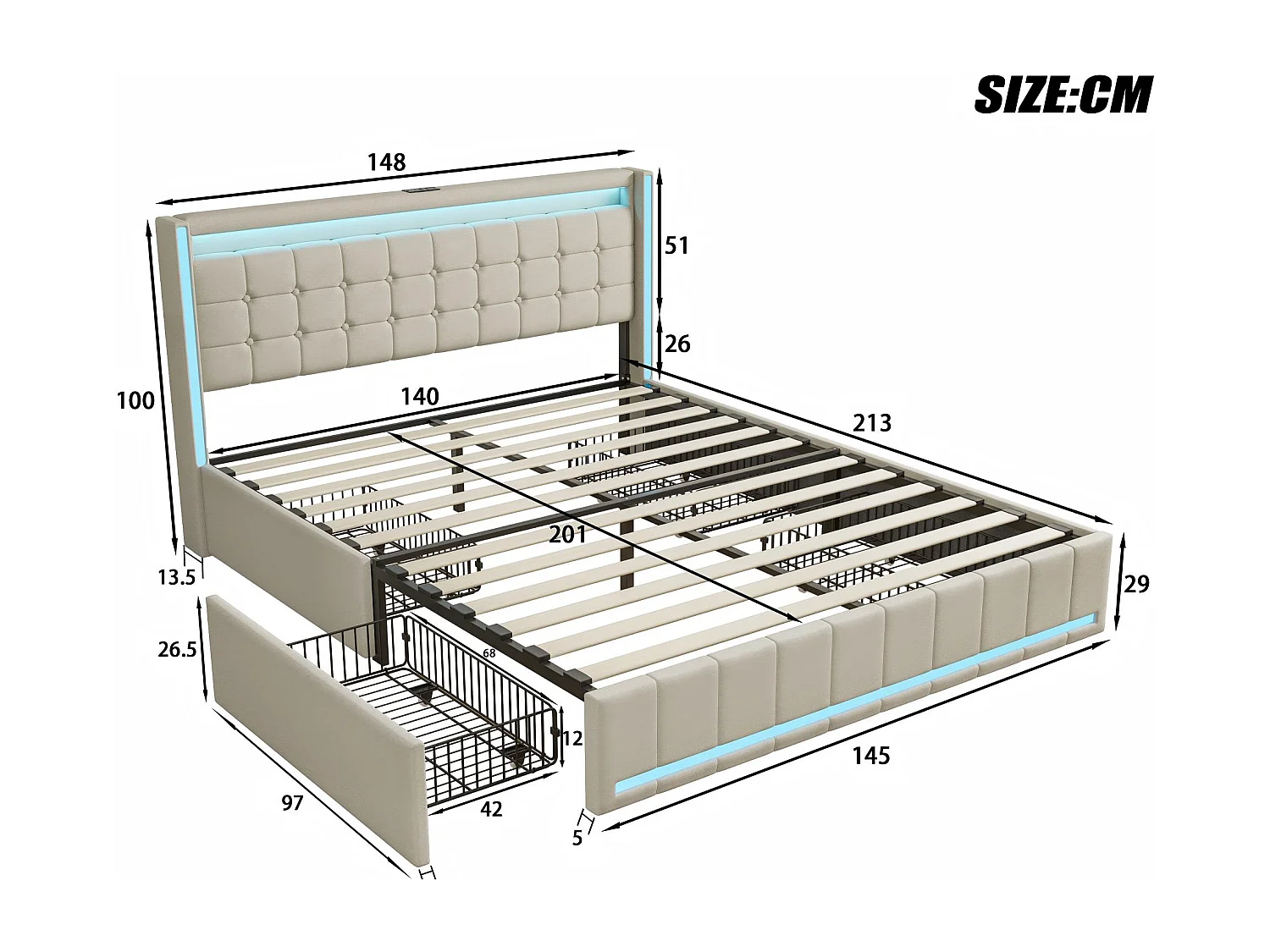 Lit 140x200 avec tiroirs, LED, USB Type-C, lit rangement avec roulettes, cadre de lit en tissu lin
