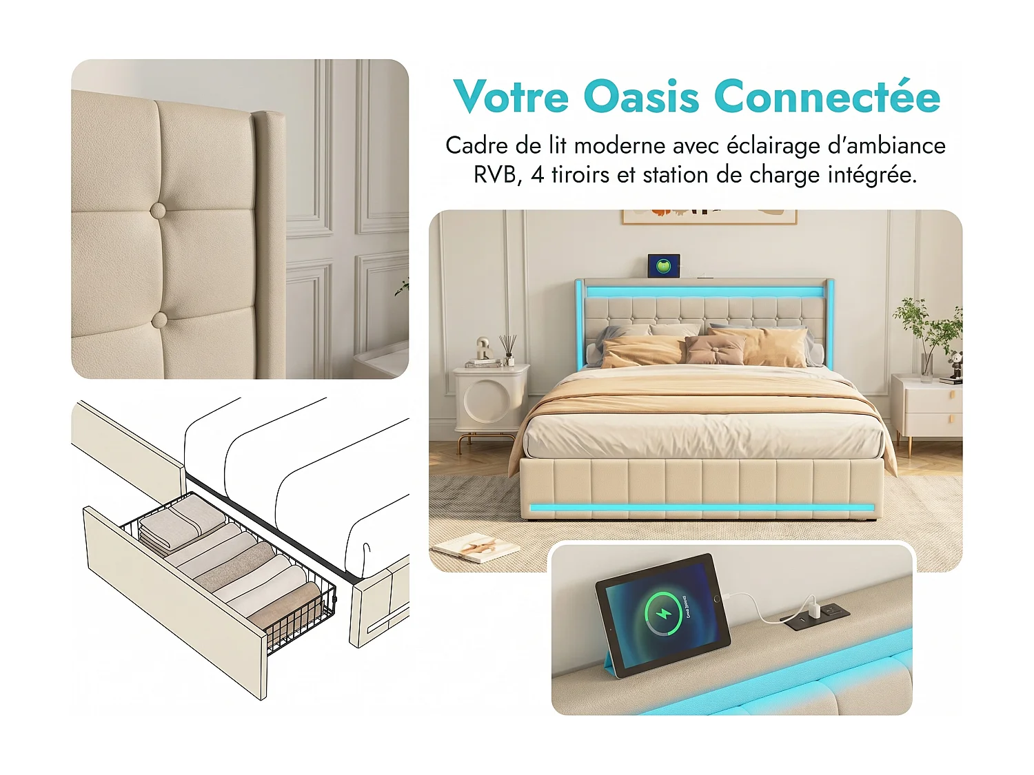 Lit 140x200 cm - Tiroirs de rangement avec roulettes - LED intégrée - USB Type-C - Cadre de lit en tissu lin