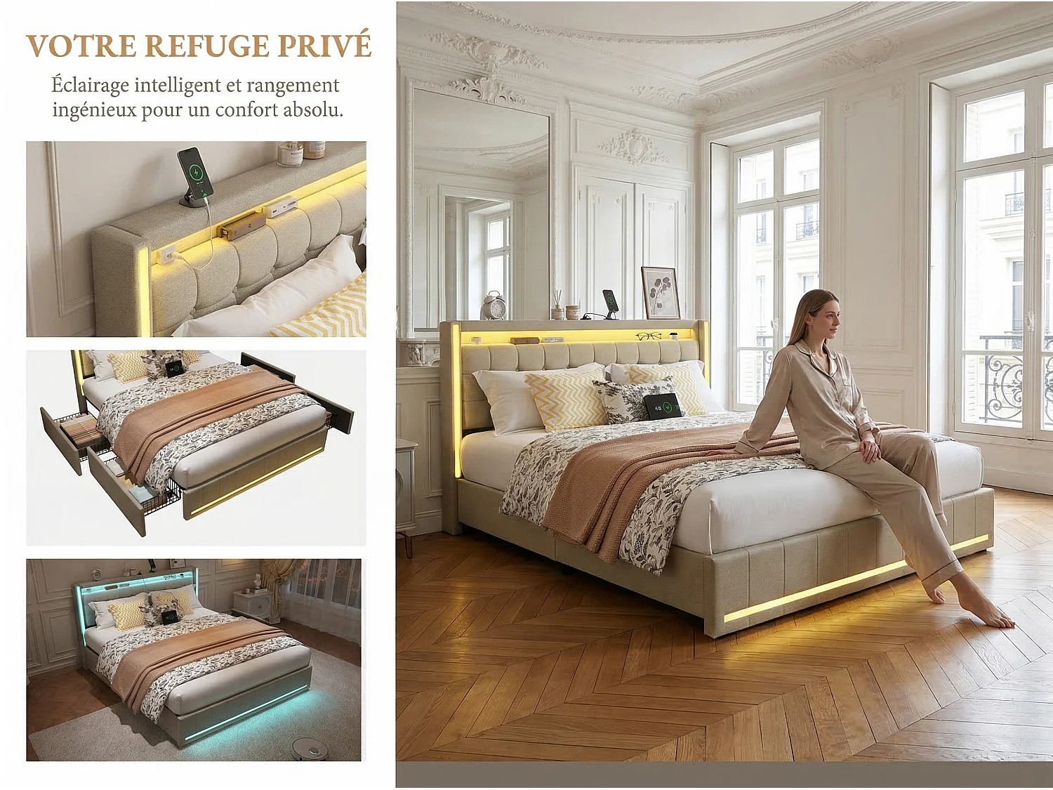 Lit 140x200 cm - Tiroirs de rangement avec roulettes - LED intégrée - USB Type-C - Cadre de lit en tissu lin