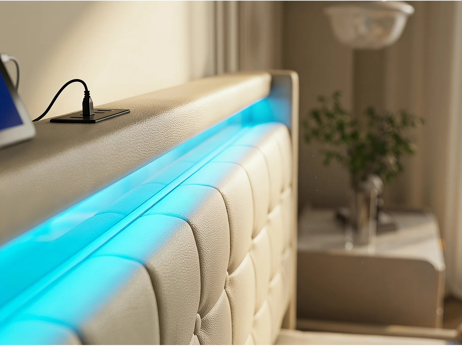 Lit 140x200 cm - Tiroirs de rangement avec roulettes - LED intégrée - USB Type-C - Cadre de lit en tissu lin