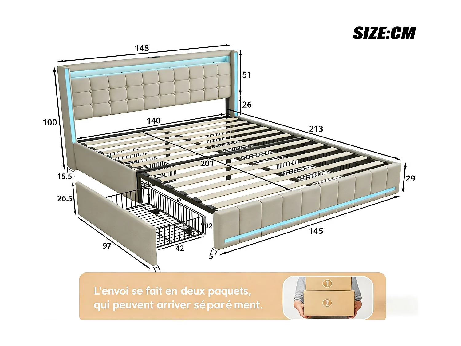 Lit 140x200 cm - Tiroirs de rangement avec roulettes - LED intégrée - USB Type-C - Cadre de lit en tissu lin