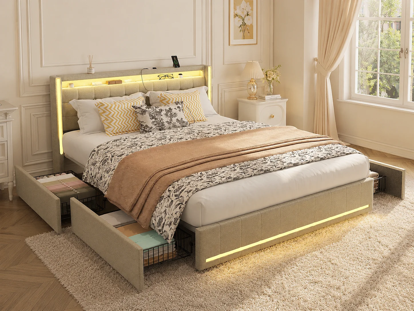 Lit 140x200 cm - Tiroirs de rangement avec roulettes - LED intégrée - USB Type-C - Cadre de lit en tissu lin