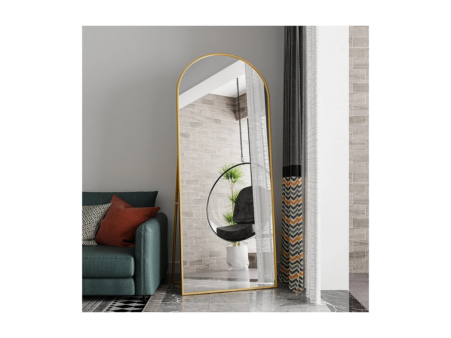 Miroir sur pied arche doré 180 x 80 cm, grand miroir plein pied, miroir de chambre à poser, cadre fin en métal, style moderne élégant