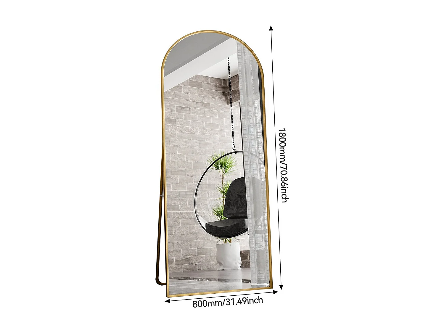 Miroir sur pied arche doré 180 x 80 cm, grand miroir plein pied, miroir de chambre à poser, cadre fin en métal, style moderne élégant