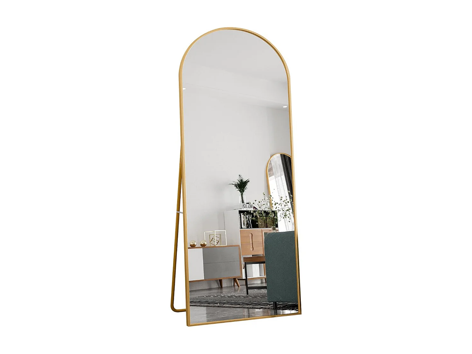Miroir sur pied arche doré 180 x 80 cm, grand miroir plein pied, miroir de chambre à poser, cadre fin en métal, style moderne élégant