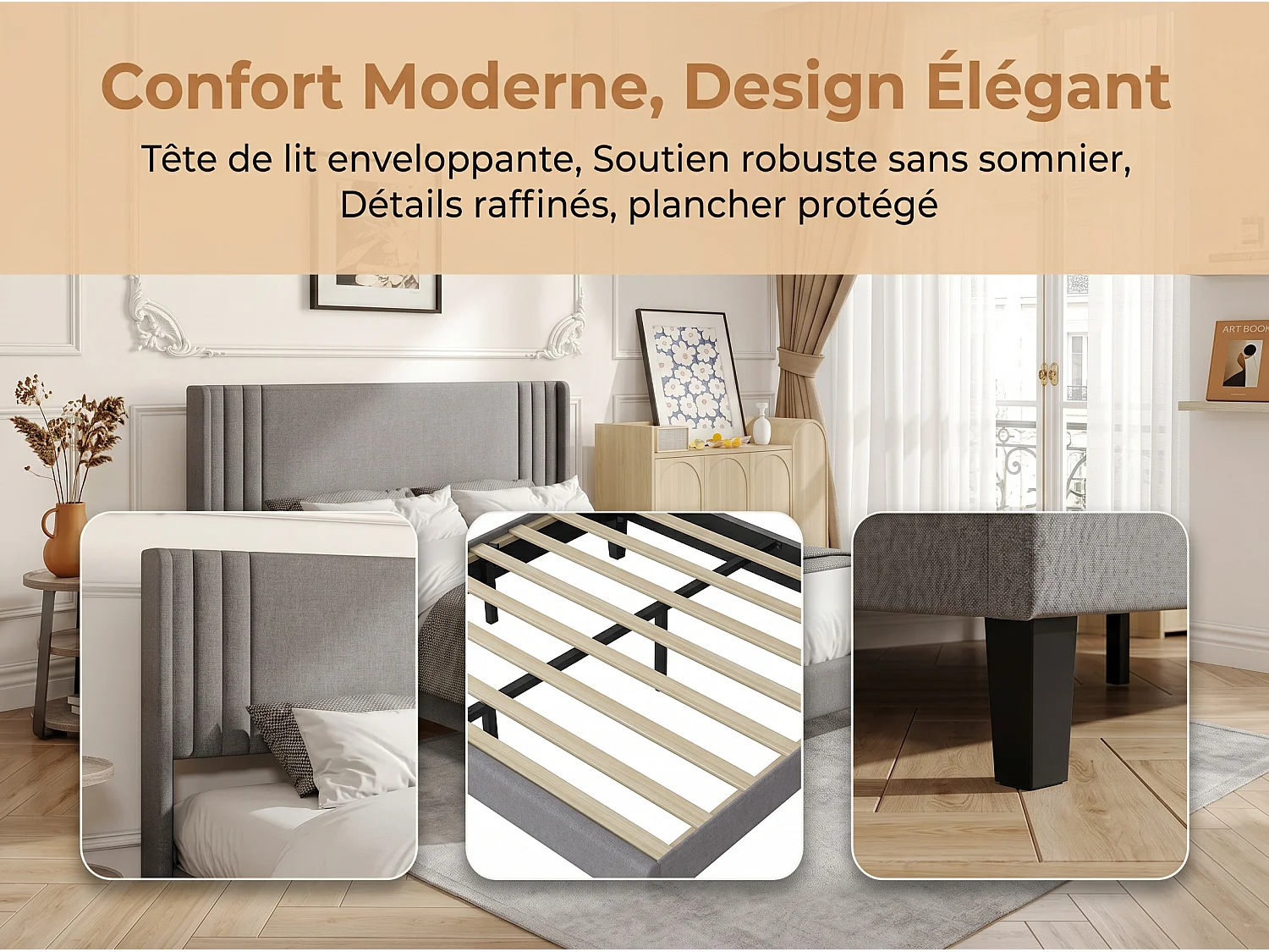 Lit double capitonné - revêtement tissu effet lin gris - structure robuste - design moderne - sans rangement