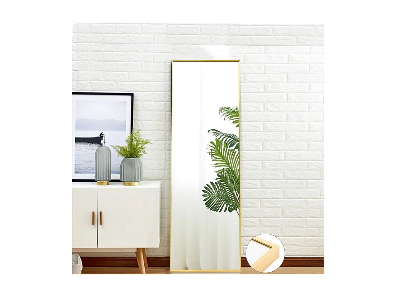 Miroir sur pied arche doré 150 x 40 cm, grand miroir plein pied, miroir mural ou à poser, cadre en alliage d’aluminium, verre antidéflagrant