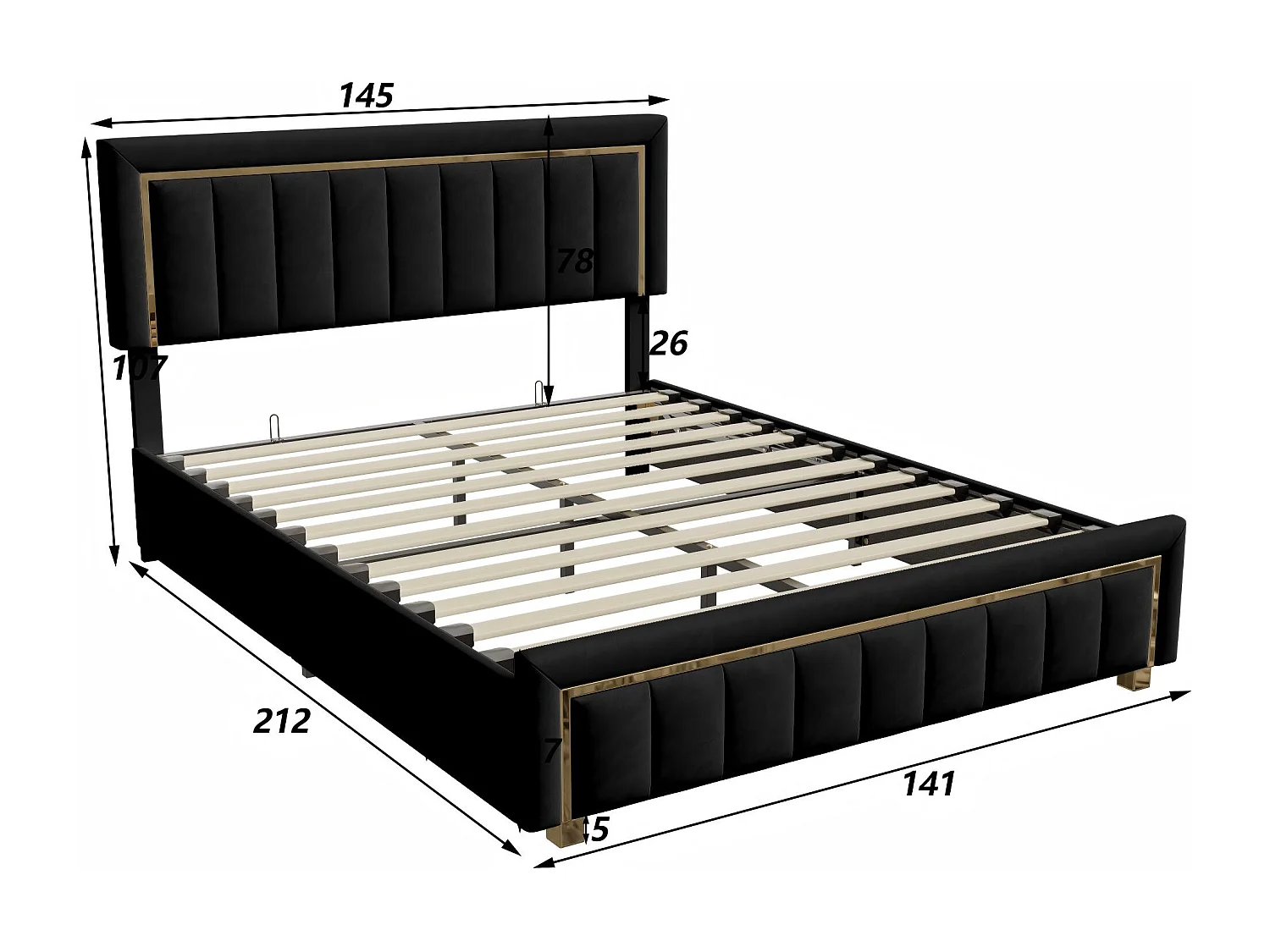 Lit rembourré 140x200 cm - Tiroirs de rangement - LED RGB intégrée - Velours - Ports USB + Type-C - Tête de lit avec rangement