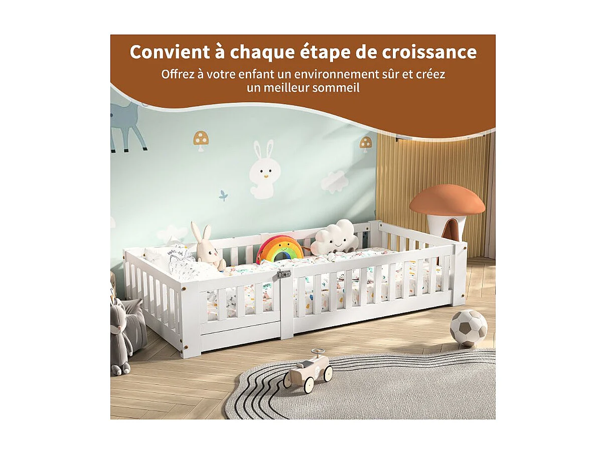 Lit enfant au sol Montessori 120x200 cm avec barrière de sécurité et porte, lit bébé évolutif en bois blanc, cadre de lit bas sécurisé pour chambre enfant