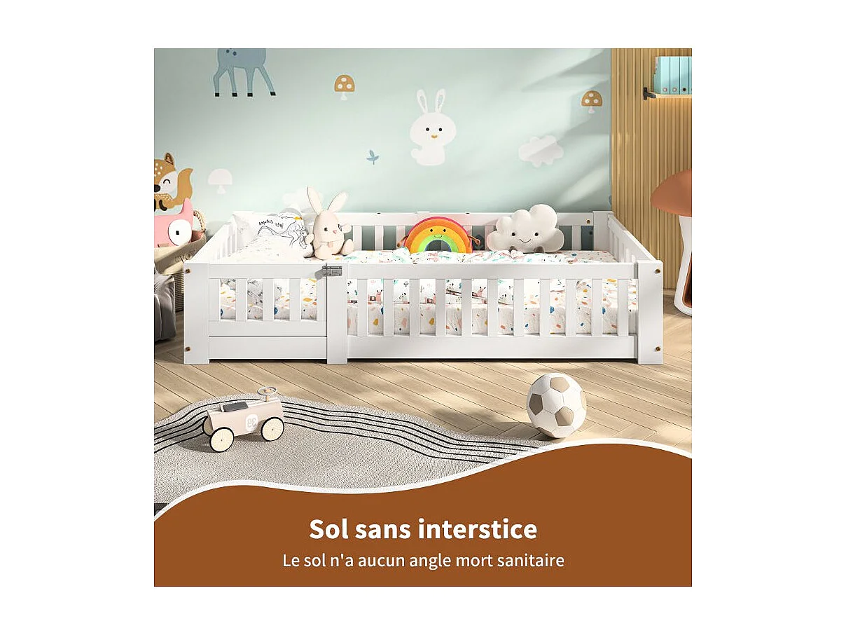 Lit enfant au sol Montessori 120x200 cm avec barrière de sécurité et porte, lit bébé évolutif en bois blanc, cadre de lit bas sécurisé pour chambre enfant
