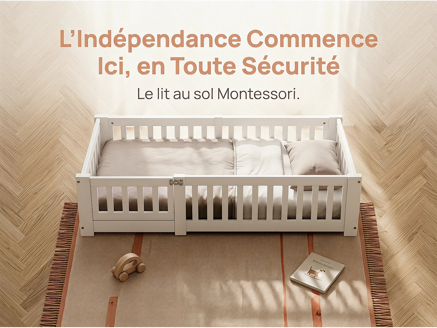 Lit enfant au sol Montessori - 120x200cm - avec barrière de sécurité et porte - Blanc