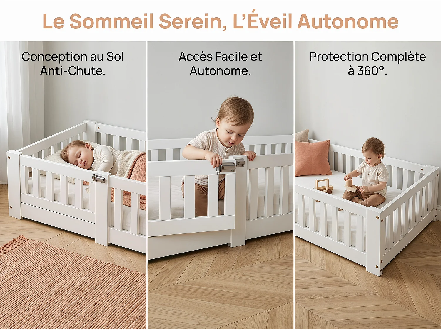 Lit enfant au sol Montessori - 120x200cm - avec barrière de sécurité et porte - Blanc