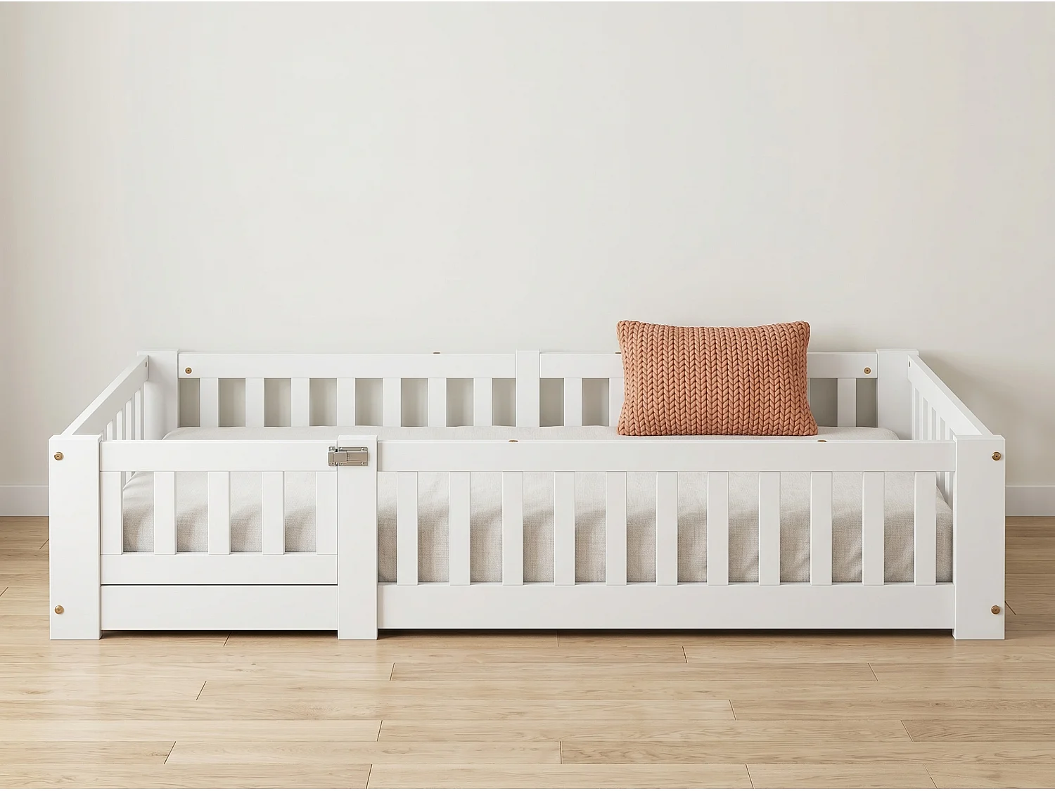 Lit enfant au sol Montessori - 120x200cm - avec barrière de sécurité et porte - Blanc