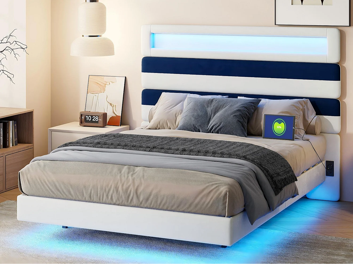 Lit 140x190 cm LED, lit moderne avec tête de lit modulable et double éclairage, cadre de lit avec sommier à lattes