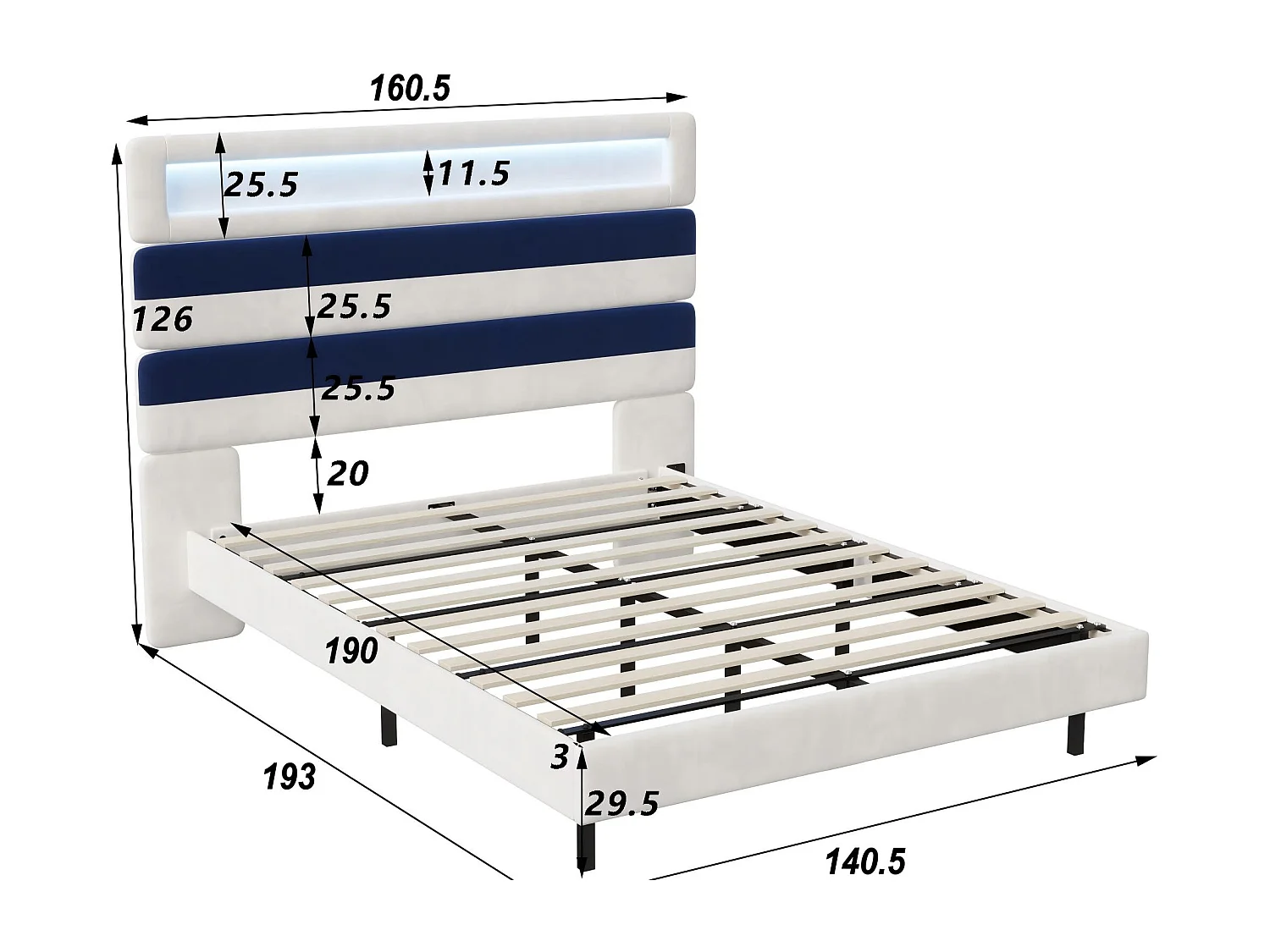 Lit 140x190 cm LED, lit moderne avec tête de lit modulable et double éclairage, cadre de lit avec sommier à lattes